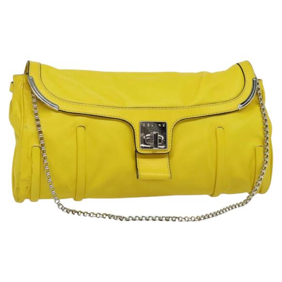 CELINE Chain Shoulder Bag Leather Yellow Silver - Picture 1 of 12